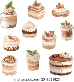 Cake tiramisu collection isolated on white background. Watercolor hand drawn illustration.