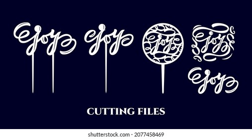 Cake topper Merry Christmas with bells, two sticks. Hand calligraphy lettering style. As template for laser cutting machines for wood or metal. Vector cut file. Decoration of cupcake, sweet 