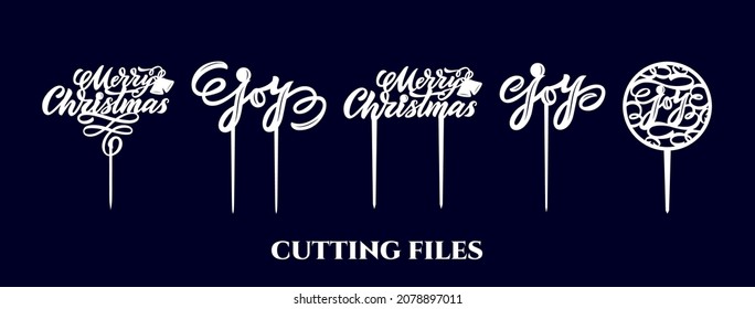 Cake topper Merry Christmas with bells, two sticks. Hand calligraphy lettering style. As template for laser cutting machines for wood or metal. Vector cut file. Decoration of cupcake, sweet 