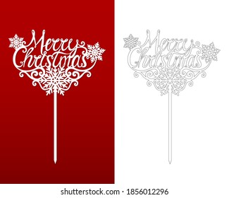 Cake topper. Phrase Merry Christmas. Vector template with snowflake. For decorating baking, wreaths, bouquets, centerpiece arrangement. For laser cutting. Home decor. Holiday sign silhouette.