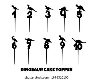 Cake topper with ten numbers and dinosaur silhouettes. Vector illustration for laser cut machines. Birthday concept. Decor for pie, cupcake.