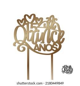 Quinceañera cake topper vector design with 15 number and fifteen years phrase in Spanish language for teenage girl Birthday party. Elegant modern calligraphy cut file design.