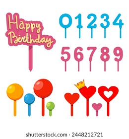 Cake toppers decorations vector cartoon set isolated on a white background.