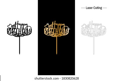 Cake Toppers. Heart elements decoration. Happy Birthday cake topper. Template for laser cutting, wood carving, paper cut and printing.