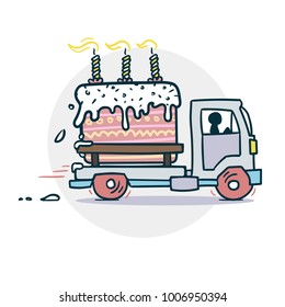 Cake truck delivery sticker. Vector illustration of a funny cartoon style