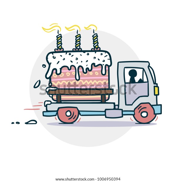 Cake truck delivery sticker. Vector illustration of\
a funny cartoon style