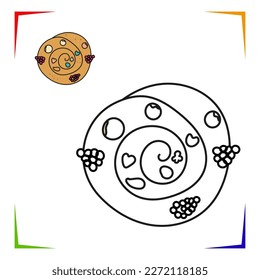 Cake twist with berries Coloring Page. Vector Educational worksheet colored by sample. Paint game. Elements for coloring book, page, printing, design illustrations in the style of outline for kids.