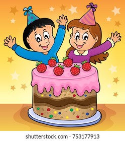 Cake and two kids celebrating image 2 - eps10 vector illustration.