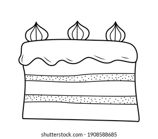 Cake with two layers and cream on top, decorated with three meringues. Black and white hand-drawn isolated outline drawing on a white background. Doodle.