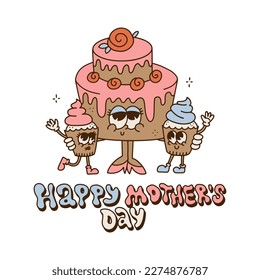 Cake   two little cupcakes family  Retro cartoon Characters  Groovy mom and son amd daughter  Nostalgic poster and lettering Happy Mothers Day  Vector contour Illustration  Hippie 60s    80s style