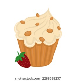 Cake typically baked in a paper or aluminum cup with a strawberry or other fruit flavoring. Vector illustration