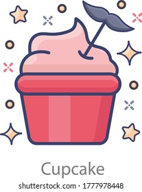 Kuchen mit Regenschirm darauf, Cupcakes-Ikone in flachem Design.
