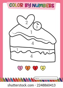 Cake. Valentine's day. Color by number for kids. Educational games. Activity book. Printable.