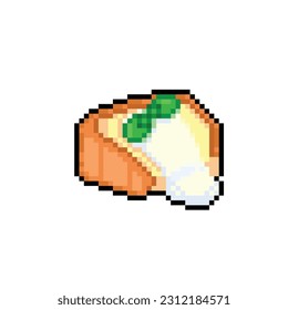 cake with vanilla cream and mint leaf in pixel art style