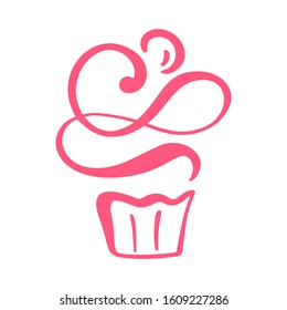 Cake vector calligraphic logo. Sweet cupcake with cream, vintage dessert emblem template design element icon. Candy bar birthday or wedding invitation