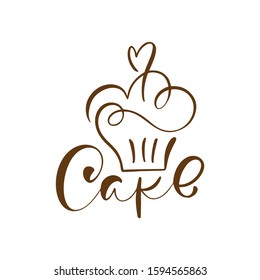 Cake vector calligraphic text with logo. Sweet cupcake with cream, vintage dessert emblem template design element. Candy bar birthday or wedding invitation.