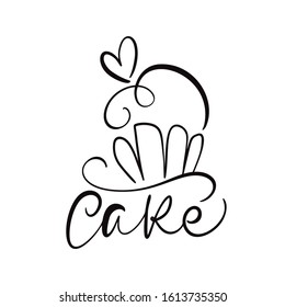Cake vector calligraphic text with logo. Sweet cupcake with cream, vintage dessert emblem template design element. Candy bar birthday or wedding invitation.