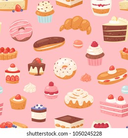 Cake vector chocolate confectionery cupcake and sweet confection dessert with caked candies illustration confected donut with chococream and sweets in bakery set seamless pattern background