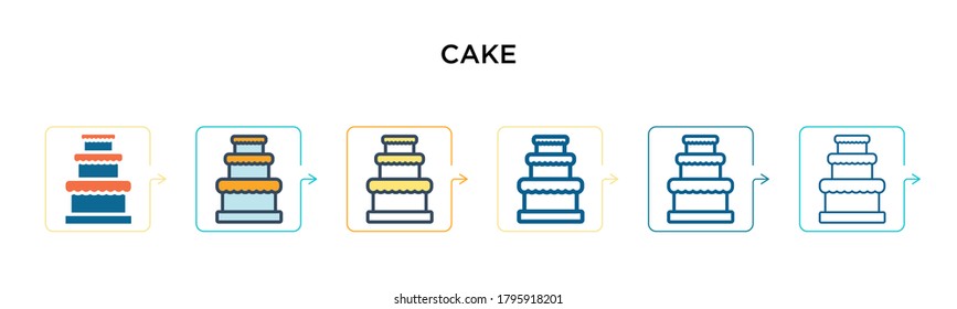 Cake vector icon in 6 different modern styles. Black, two colored cake icons designed in filled, outline, line and stroke style. Vector illustration can be used for web, mobile, ui