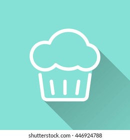 Cake vector icon with long shadow. White illustration isolated on green background for graphic and web design.