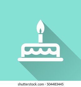 Cake vector icon with long shadow. White illustration isolated on green background for graphic and web design.