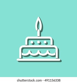 Cake vector icon with shadow. White illustration isolated on green background for graphic and web design.
