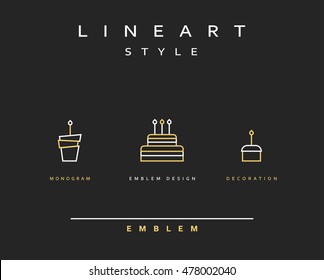 Cake Vector Icon Style Line Art. Birthday Cake. Cooking Pastries. Monogram Emblem Element Design Style Lineart.