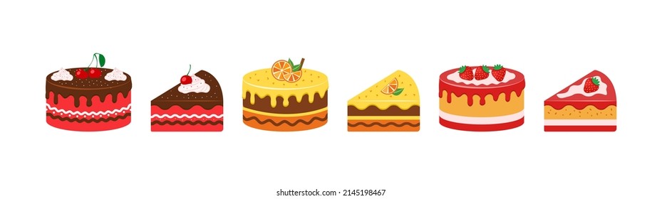 Cake vector icon, sweet cream pie piece, cartooon dessert set isolated on white background. Food illustration