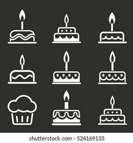 Cake vector icons set. White illustration isolated on black background for graphic and web design.