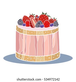 Cake, vector illustration ,  bilberry, strawberry, raspberry, pink cream, desert, tasty food
