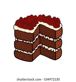 Cake, vector illustration, chocolate cake with cream and raspberry