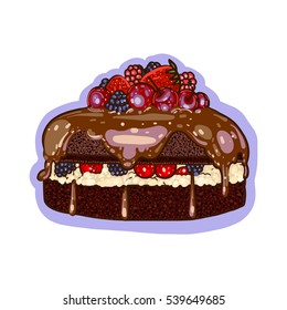 Cake, vector illustration, desert, tasty food, delicious, cherry, strawberry, bilberry, raspberry, cream, chocolate
