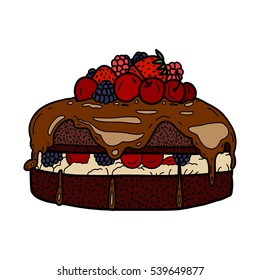Cake, vector illustration, desert, tasty food, delicious, cherry, strawberry, bilberry, raspberry, cream, chocolate 
