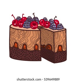 Cake, vector illustration, desert, tasty food, delicious, cherry, strawberry, bilberry, raspberry, cream