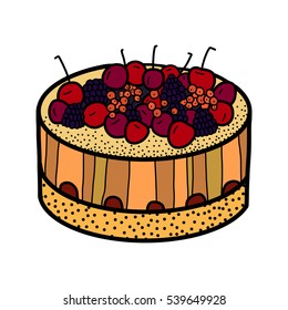 Cake, vector illustration, desert, tasty food, delicious, cherry, strawberry, bilberry, raspberry, cream