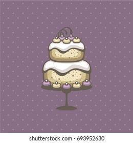 Cake vector illustration on violet background. Logo for cake shop and bakery. Colorful sweet collection.