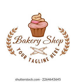 cake vector logo design. cup cake illustration in ornate frame perfect for cake business, bakery, cafe, etc