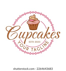 cake vector logo design. cup cake illustration in ornate frame perfect for cake business, bakery, cafe, etc