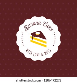 Cake vector logo in vintage style. Dessert  illustration. Bakery label design, sweet pastry shop icon. Wedding cake business symbol design template with flower and banana.