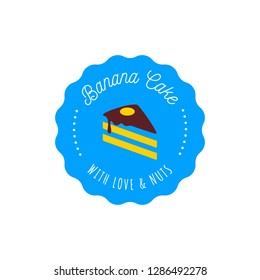 Cake vector logo in vintage style. Dessert  illustration. Bakery label design, sweet pastry shop icon. Wedding cake business symbol design template with flower and banana.