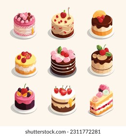 Cake vector set isometric illustration