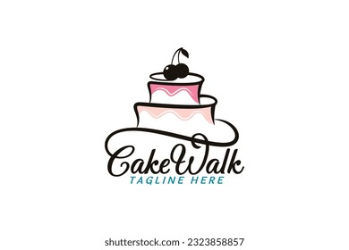cake walk logo with a combination of a beautiful lettering and cake in a line style