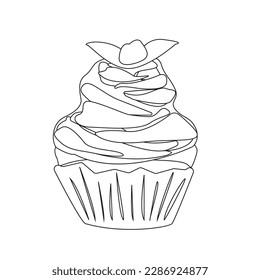 Pastel con crema batida. Estilo Doodle. Vector Muffin con crema batida. Dibujo de un pastel con crema. Estilo de doodle de muffin. Borde negro sobre fondo blanco.