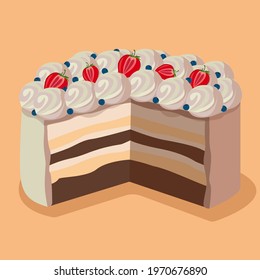 Cake with white cream, strawberries and blueberries
