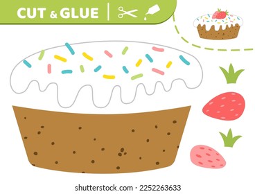 Cake in white glaze and sprinkle with strawberry. Cut and glue. Cake.  Paper education game. Flat, cartoon. Isolated vector illustration eps 10