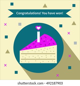 Cake For Winner. Vector Flat Icon With Long Shadow. Card, Banner, Greeting, Congratulations, You Have Won