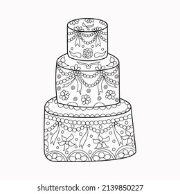 Cake without color, linear. For coloring. With decorative elements. Coloring book for adults and children.