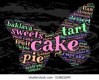 Cake. Word cloud, butterfly, grunge background.  Food concept.