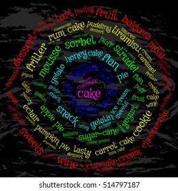Cake. Word cloud, circle Maya, grunge background. The magic of food.