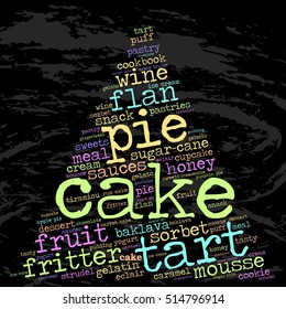 Cake. Word cloud, pyramid, grunge background.  Food concept.